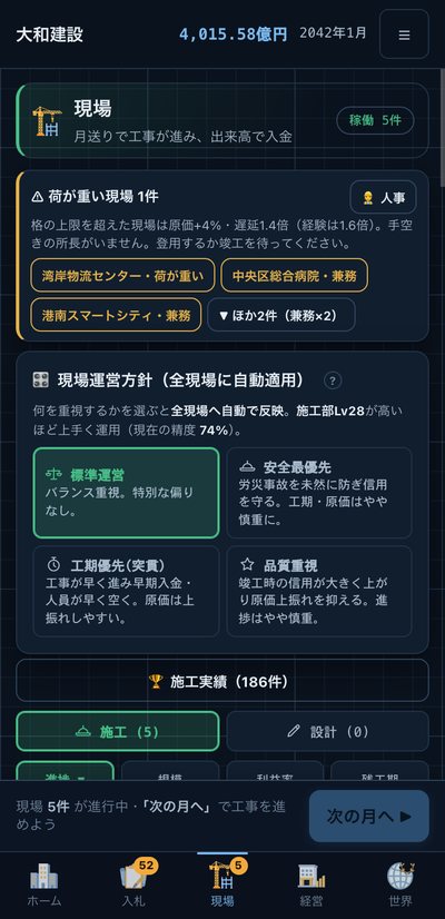 現場画面。運営方針と進行中の現場