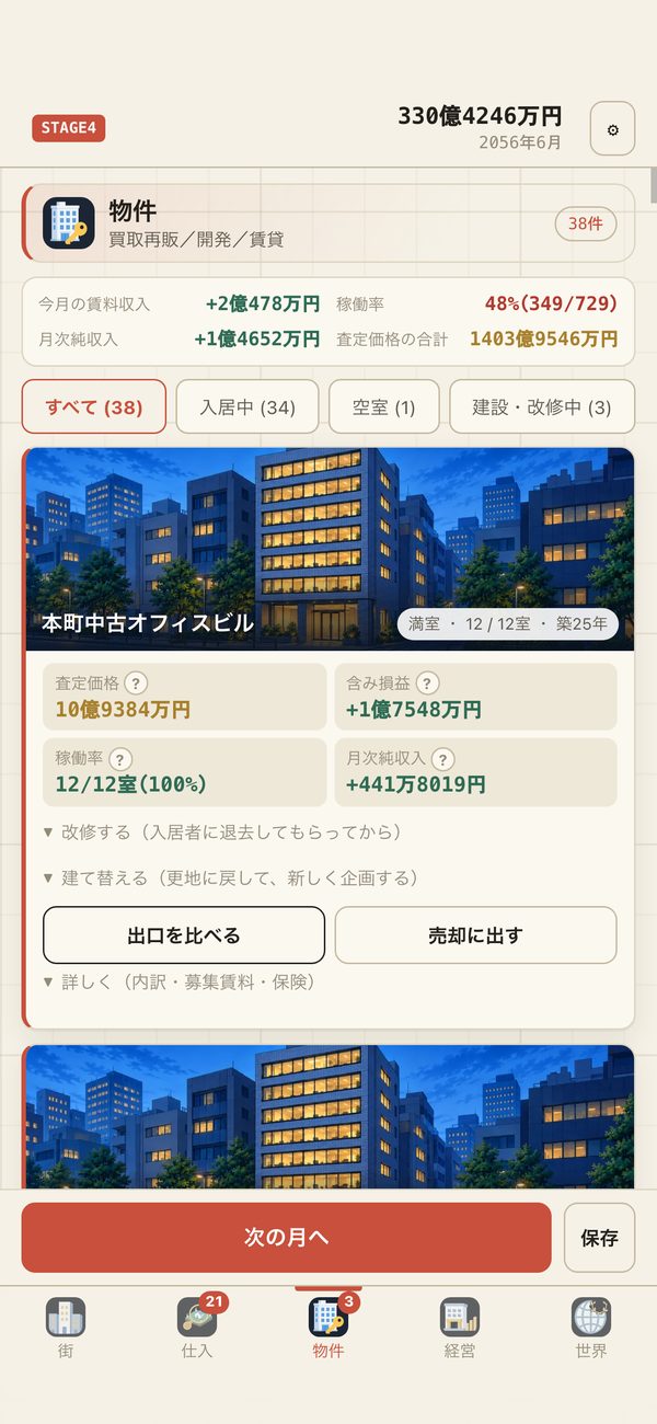 物件の画面。保有物件の収支と稼働率